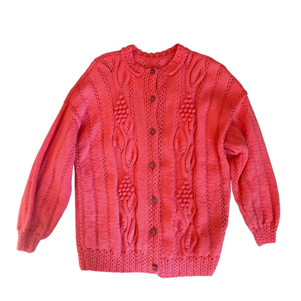 Vintage Hand-Knit Coral‎ Cardigan Sweater Leaf Bobble Cozy Grandma Knubby Cottag
